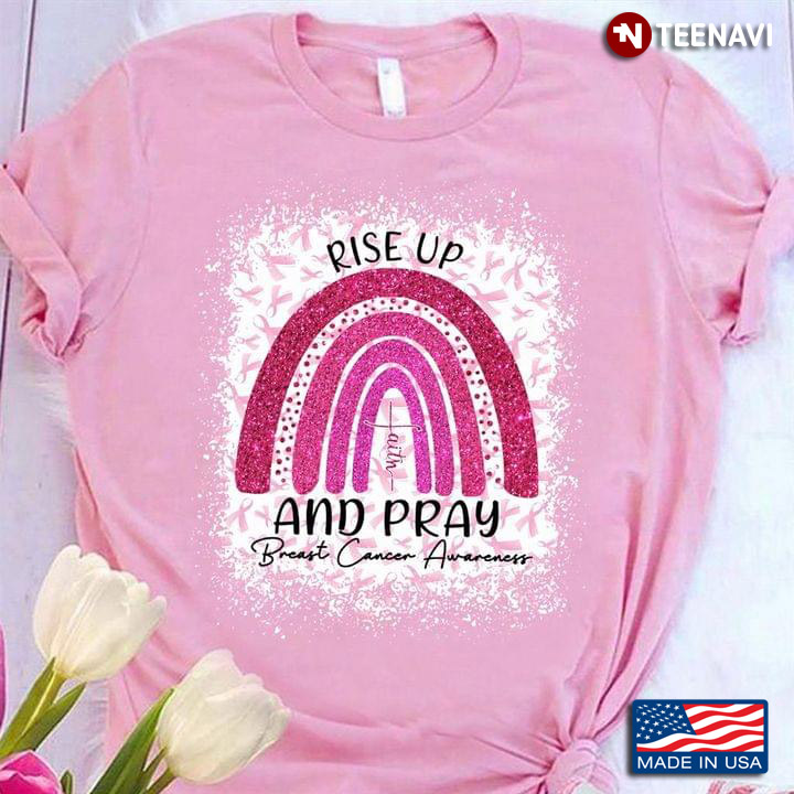 Rise Up And Pray Breast Cancer Awareness Pink Ribbon Glitter Rainbow