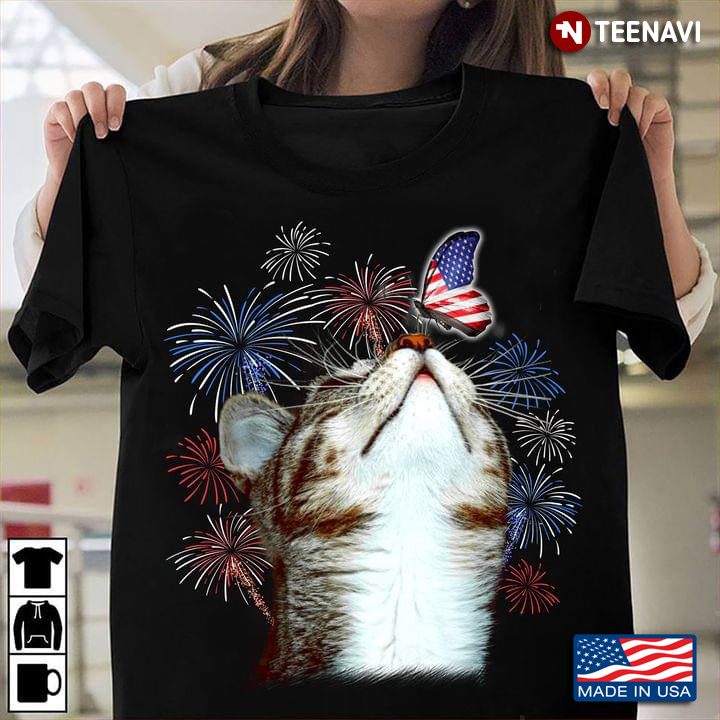 Adorable Cat and Patriotic Butterfly Happy Independence Day 4th of July for Cat Lover