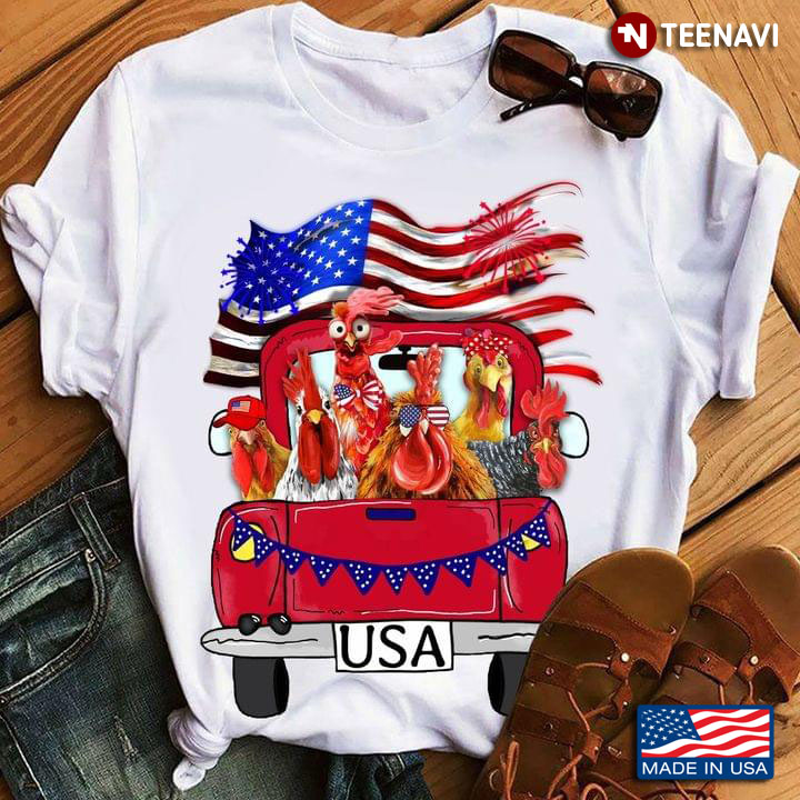 Happy Chickens on Red Car American Flag Independence Day for Animal Lover