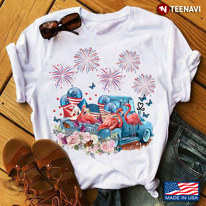 Flamingos Firework Flowers and USA Flag Independence Day for Animal Lover