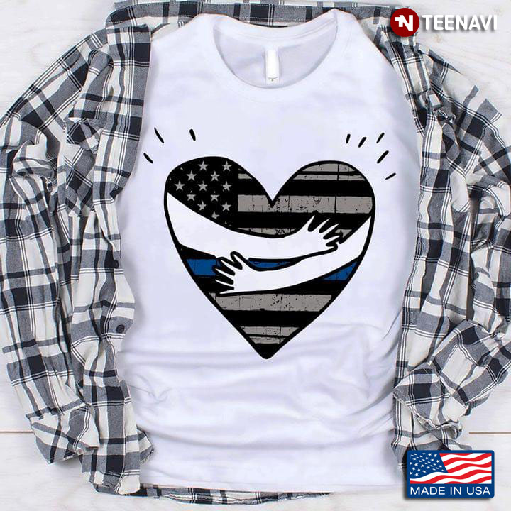 Hands Hugging American Flag with Blue Thin Line Love Heart Police