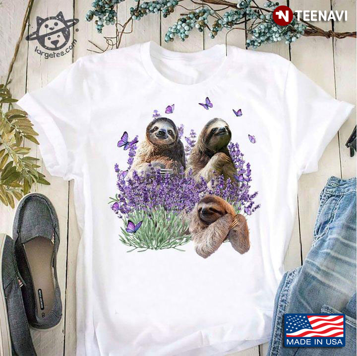 Funny Sloths Purple Butterflies and Lavender Flower for Animal Lover