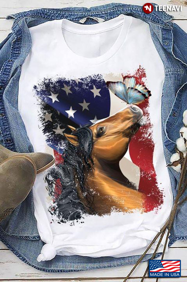 Horse Kissing Butterfly American USA Flag for Patriotic Animal Lover