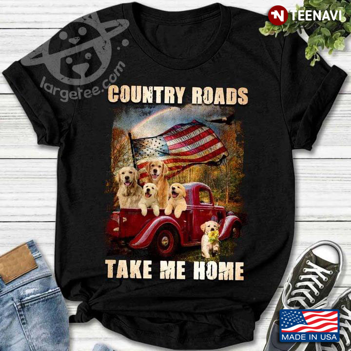 Country Roads Take Me Home Golden Retriever Family on Red Car with USA Flag