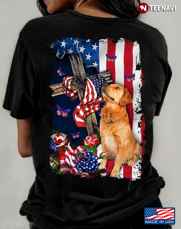 Golden Retriever Wood Cross American Flag and Roses for Patriotic Dog Lover