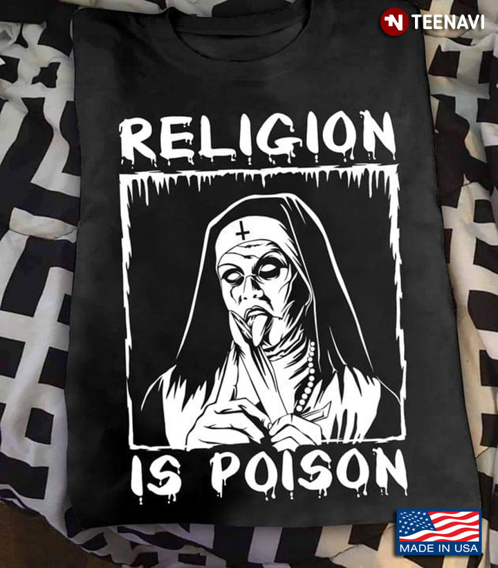 Religion is Poison Scary Nun with A Knife Black and White Style