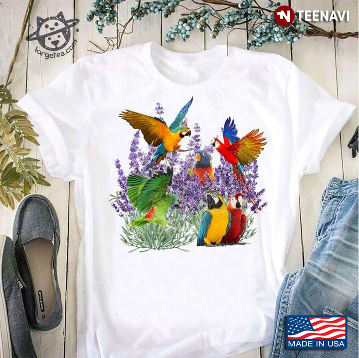 Colorful Vivid Parrots and Lavender Flower Adorable Design for Bird Lover