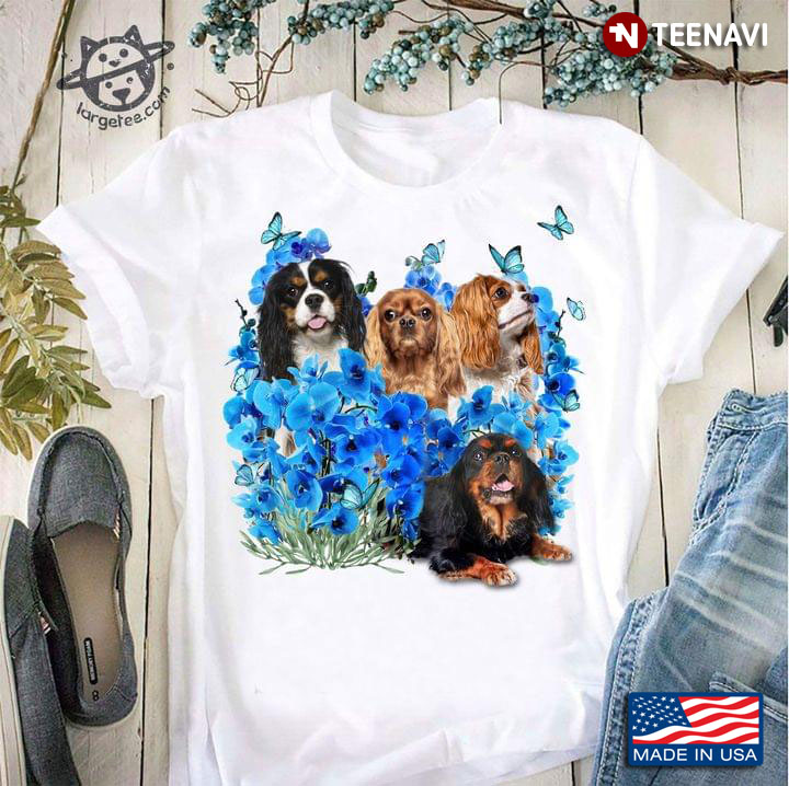Cavalier King Charles Spaniel Puppies Butterflies and Comelina Flower for Dog Lover