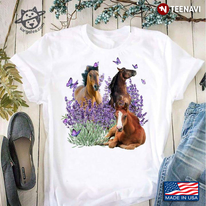 Wild Horses Purple Butterflies and Lavender Flower Adorable Design for Animal Lover
