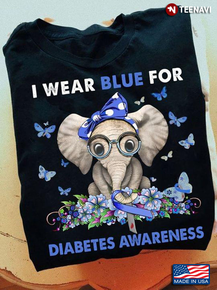 I Wear Blue for Diabetes Awareness Lovely Baby Elephant Blue Ribbon and Butterflies