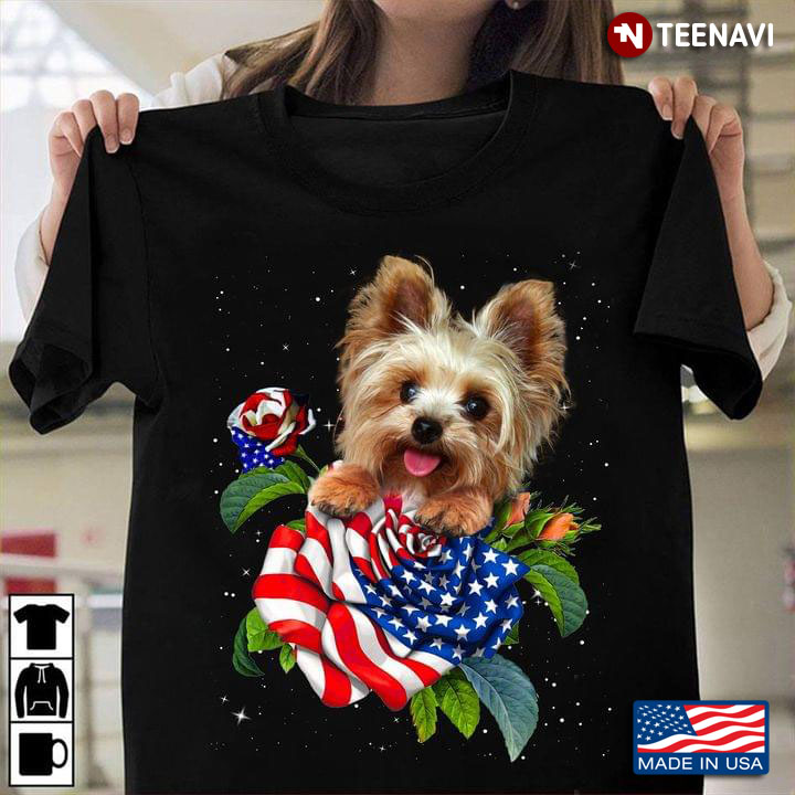 Adorable Yorkshire Terrier Starry Night and American Flag Roses for Dog Lover