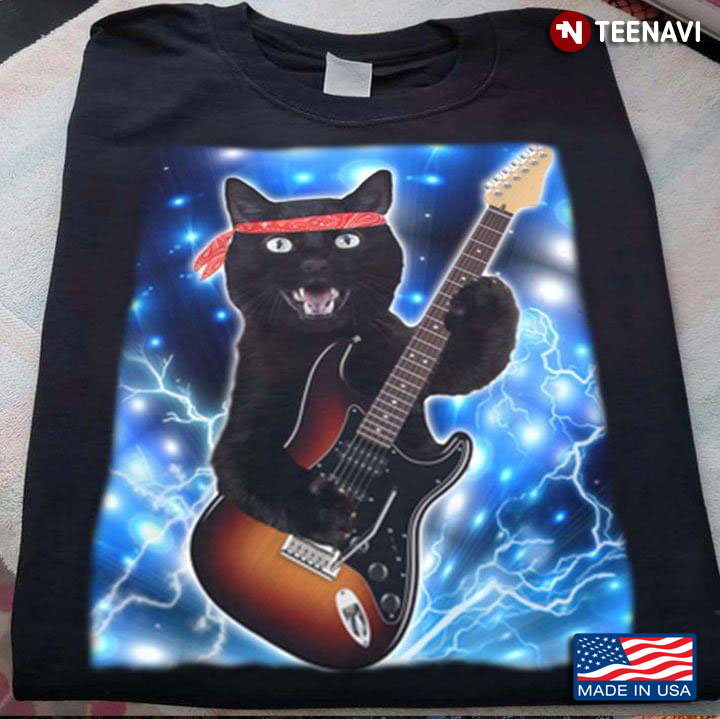 Cool Black Cat Playing Electric Guitar on Blue Light Background for Guitar Lover