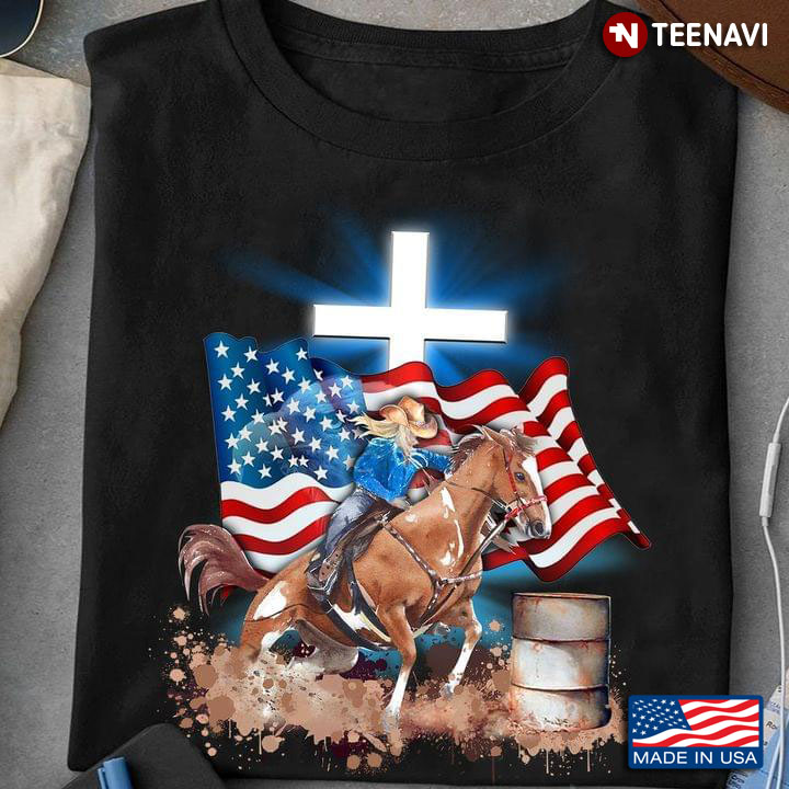 Patriotic Cowboy Horse USA Flag and Christian Cross