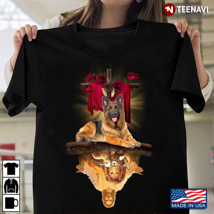 Cross Red Roses and German Shepherd Water Reflection Jesus and Lion for Christian Dog Lover