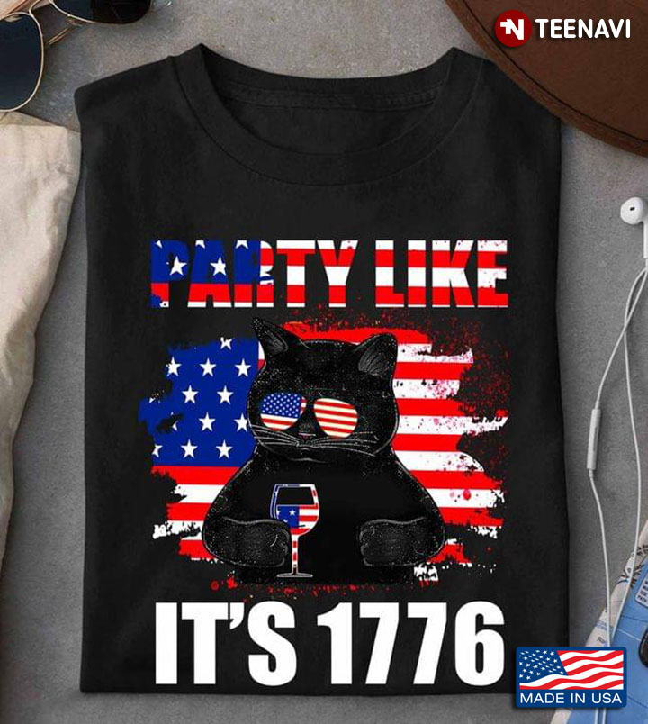 Party Like It's 1776 Cool Black Cat American Flag Cheer for Freedom 4th of July