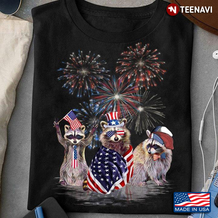 Happy Racoon American Flag and Firework 4th of July for Patriotic Animal Lover