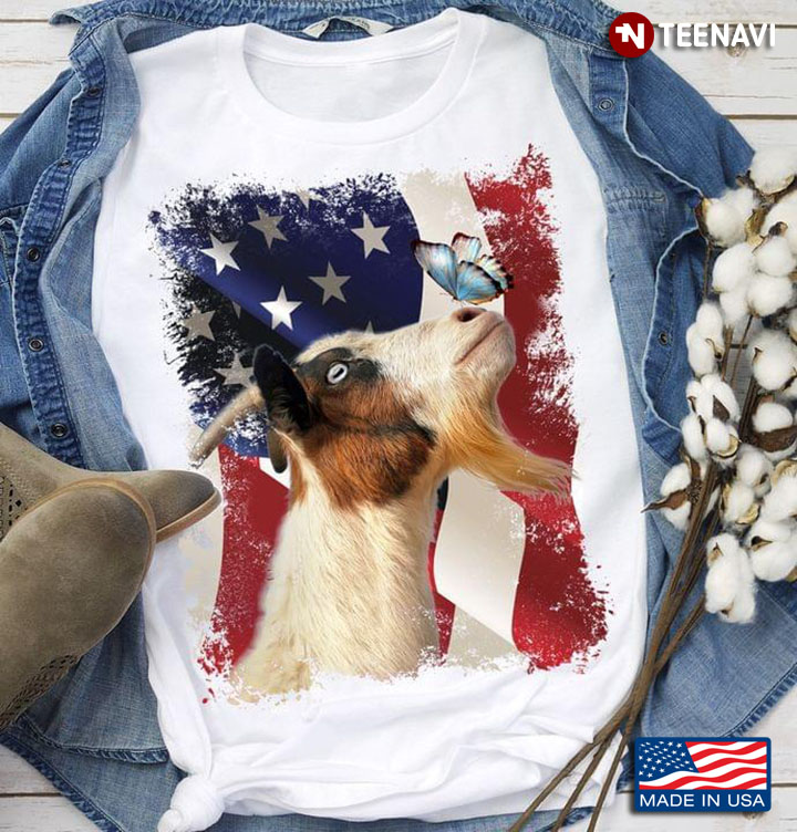 Goat Kissing Butterfly American USA Flag Independence Day for Animal Lover