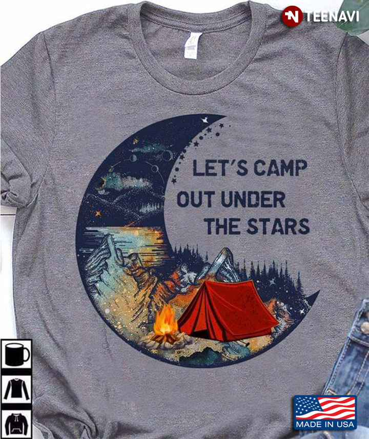 Let's Camp Out Under The Stars Moon Shape with Beautiful Nature at Night and Tent for Camping Lover