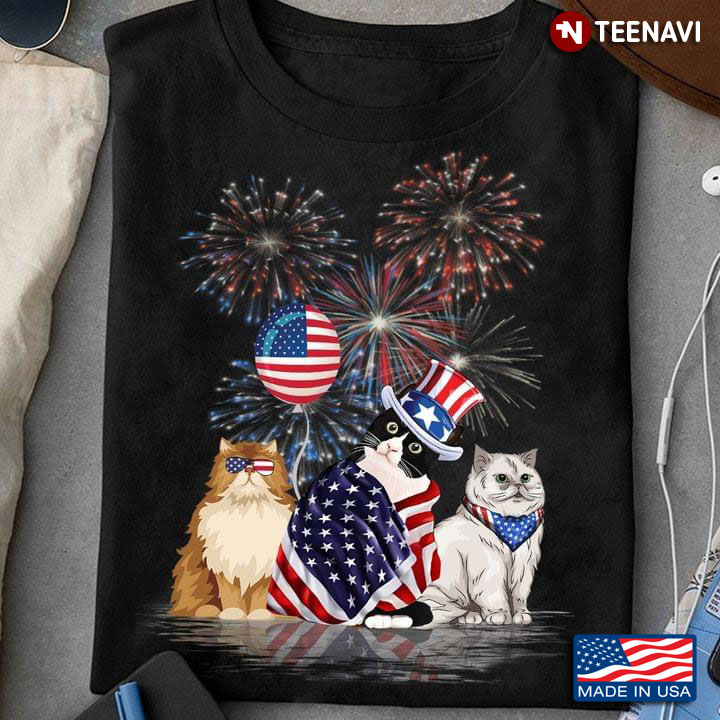 Adorable Cats Celebrating Independence Day with Firework Balloon and American Flag for Cat Lover