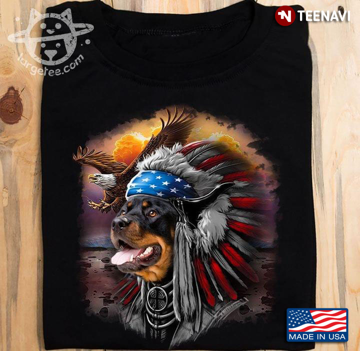 Rottweiler Warrior with War Bonnet Eagle American Flag 4th of July