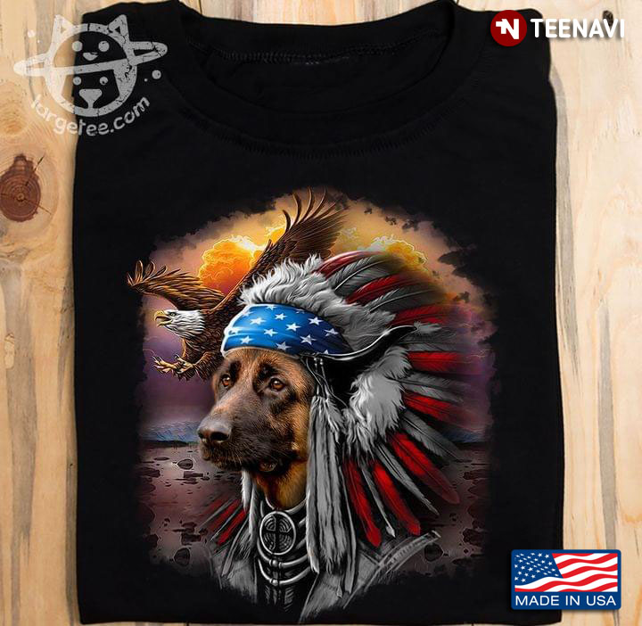 German Shepherd Warrior with War Bonnet and Eagle American Flag 4th of July for Dog Lover