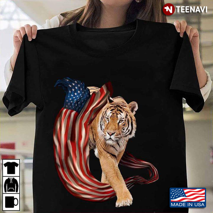 Walking Tiger and American Flag 4th of July for Patriotic Animal Lover