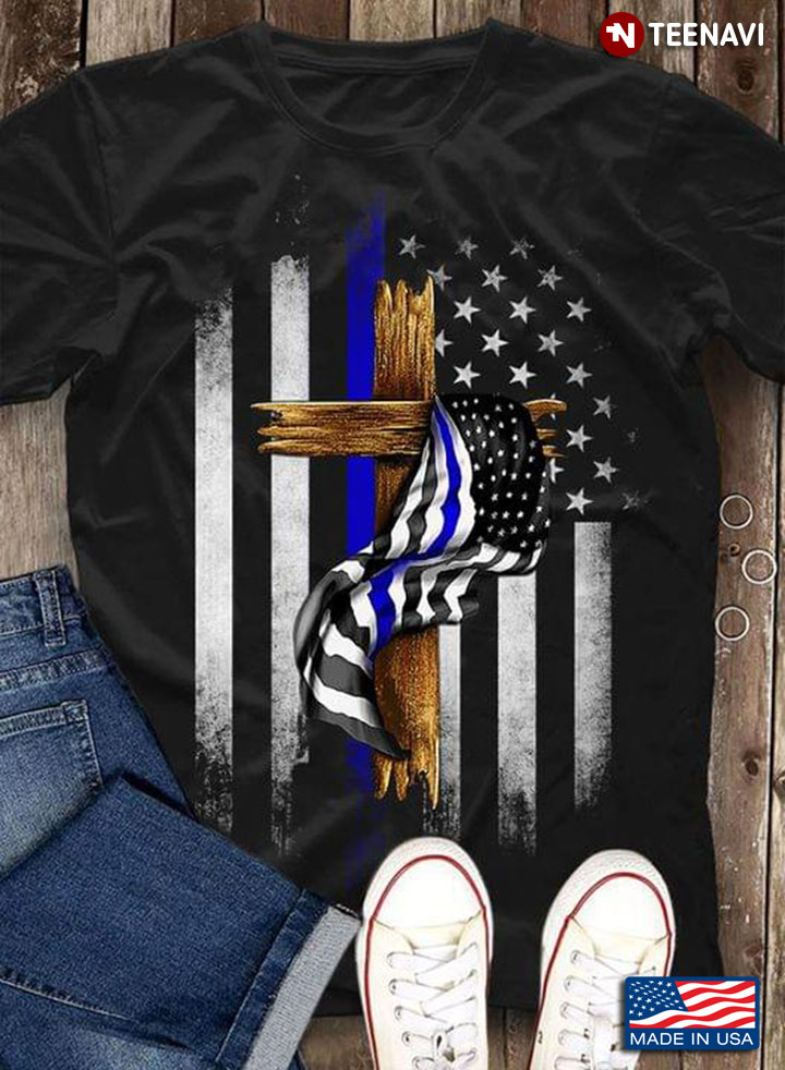 Thin Blue Line USA Flag Law Enforcement and Wood Cross for Patriotic Christian