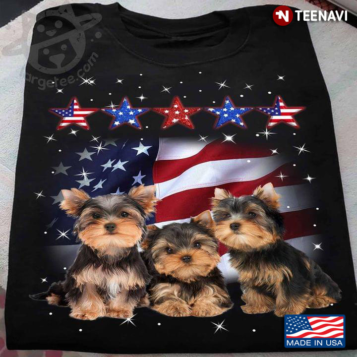 Three Yorkshire Terriers With Stars American Flag Happy Independence Day 4th Of July