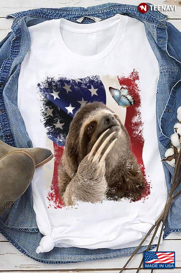 Sloth With Butterfly American Flag Happy Independence Day For 4th Of July