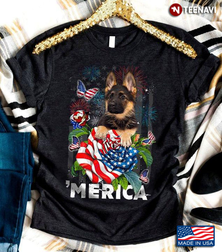 German Shepherd With Fireworks American Flag Happy Independence Day For 4th Of July