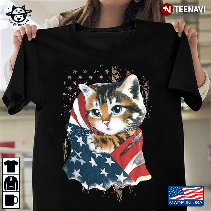 Cute Cat With American Flag Happy Independence Day 4th Of July