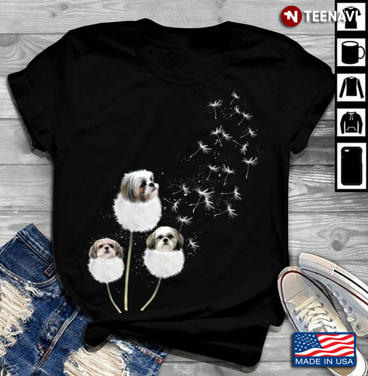 Three Shih Tzus And Dandelion With Flying Seeds For Dog Lovers
