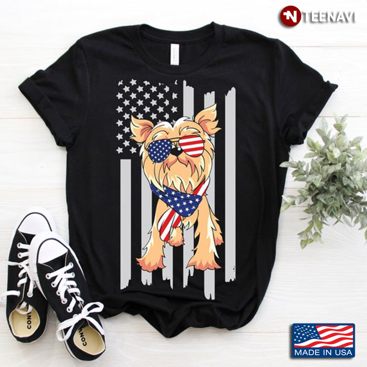 American Flag Yorkshire Terrier With Glasses For Dog Lover