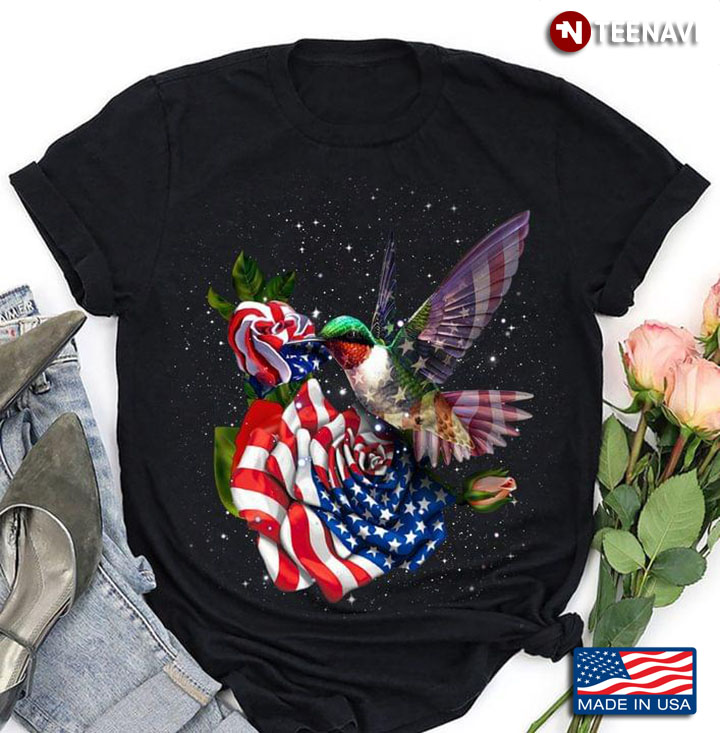 American Flag Hummingbird And Rose For 4th Of July