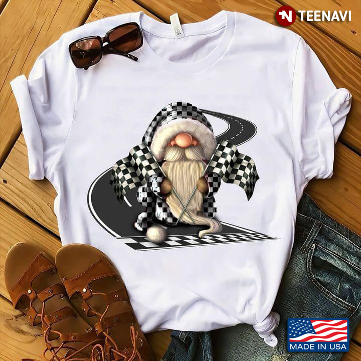 Gnome Holds Black And White Checkered Racing Flags