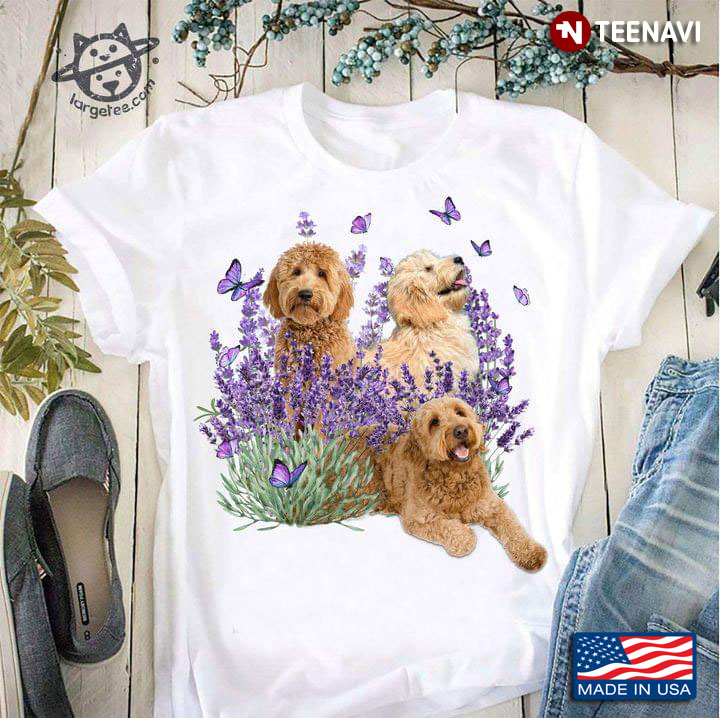 Three Goldendoodle Dogs Butterflies And Lavender For Dog Lover