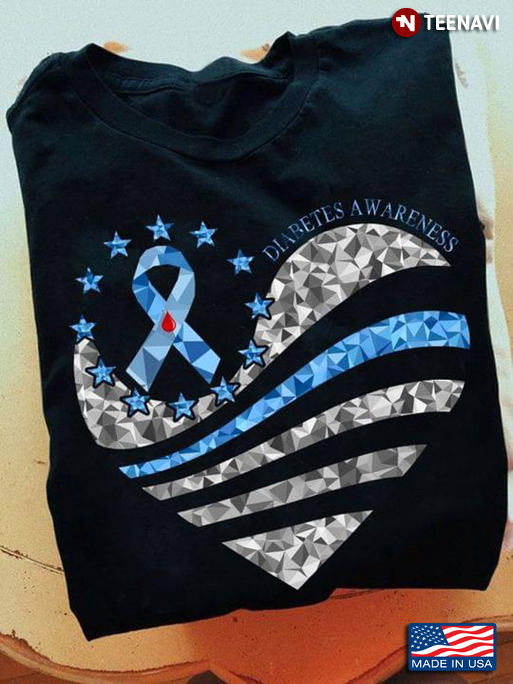 Diabetes Awareness American Flag Heart With Stars And Blue Ribbon