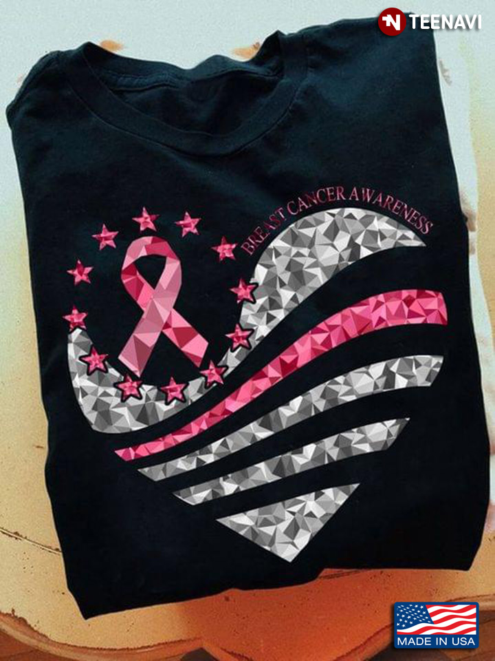 Breast Cancer Awareness American Flag Heart Stars And Pink Ribbon