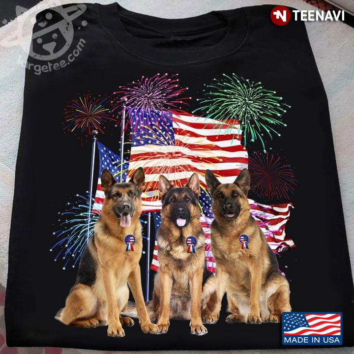 German Shepherd American Flag And Fireworks Happy Independence Day For 4th Of July