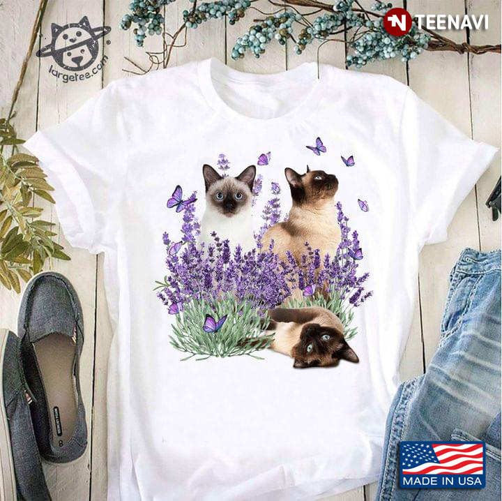 Three Siamese Cats Butterflies And Lavender For Cat Lover