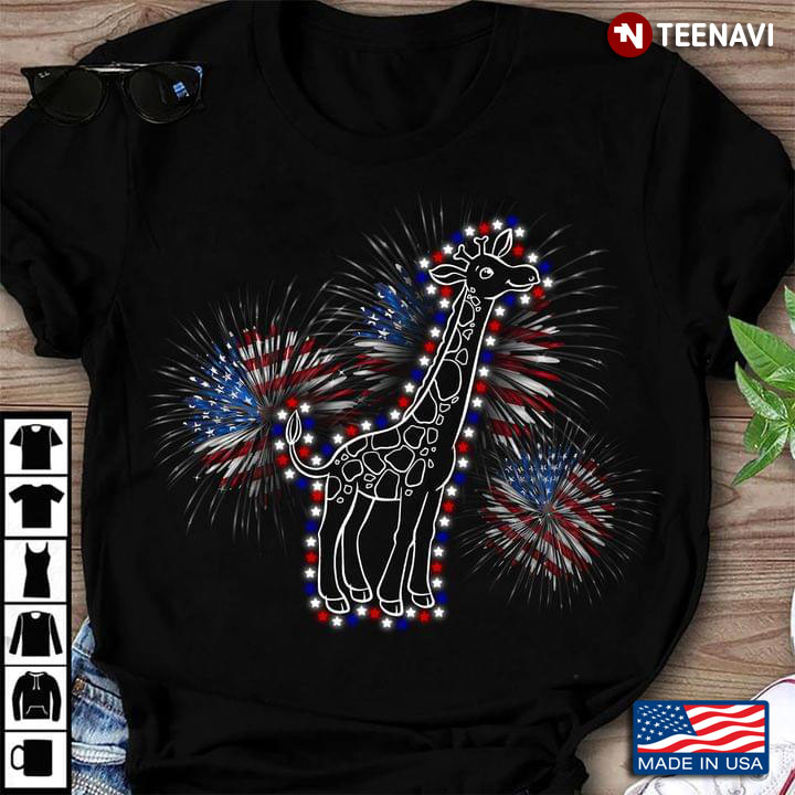 Giraffe And Fireworks American Flag Happy Independence Day For 4th Of July