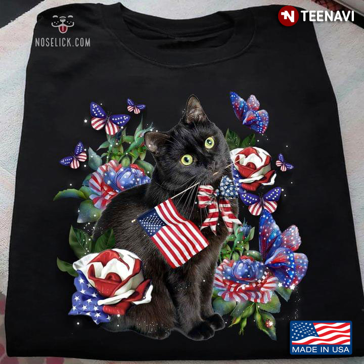 Black Cat Butterflies And Roses American Flag Happy Independence Day For 4th Of July