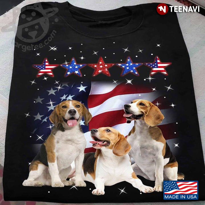 Three Beagles And American Flag Happy Independence Day For 4th Of July