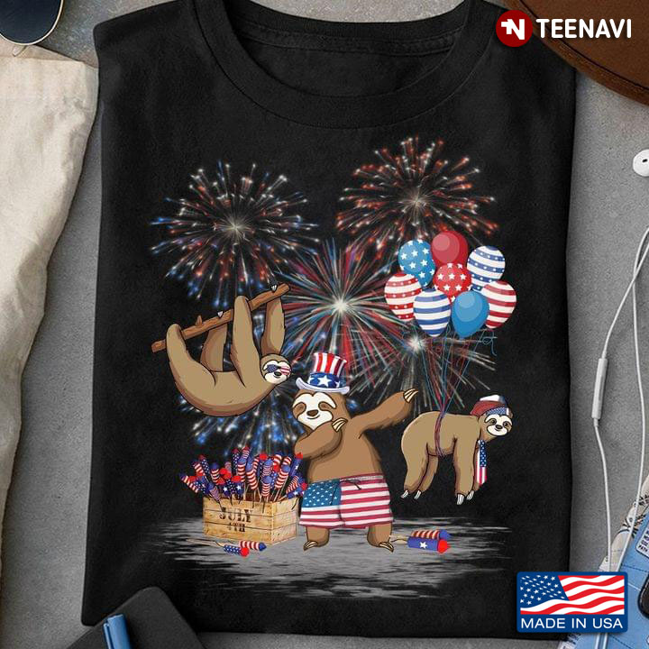 Three Sloths Fireworks And Balloons Happy Independence Day For 4th Of July