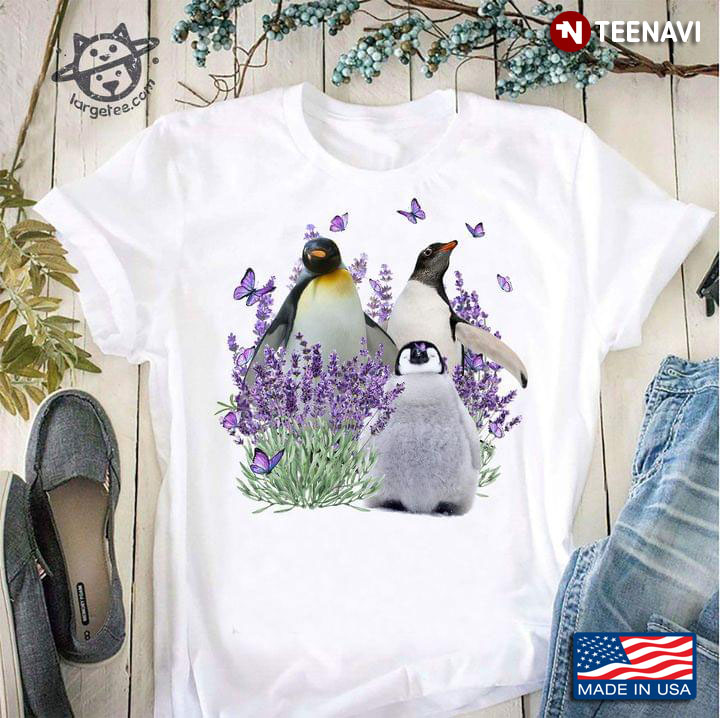 Adorable Penguin With Lavender Flowers And Butterflies