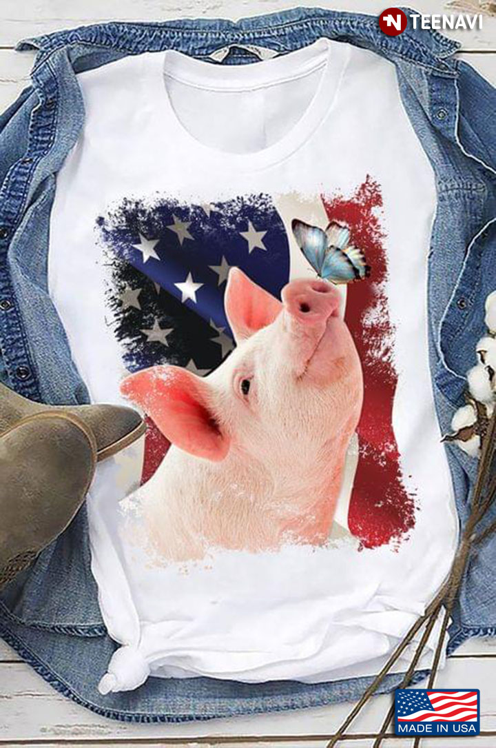 Pig American Flag Independence Day With Butterfly