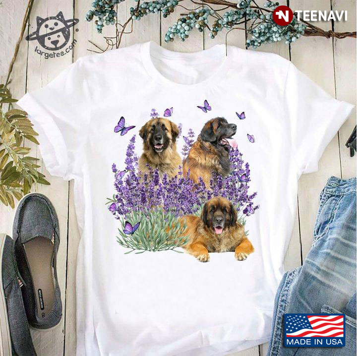 Adorable Leonberger Dogs Purple Butterflies and Lavender Flower for Dog Lover