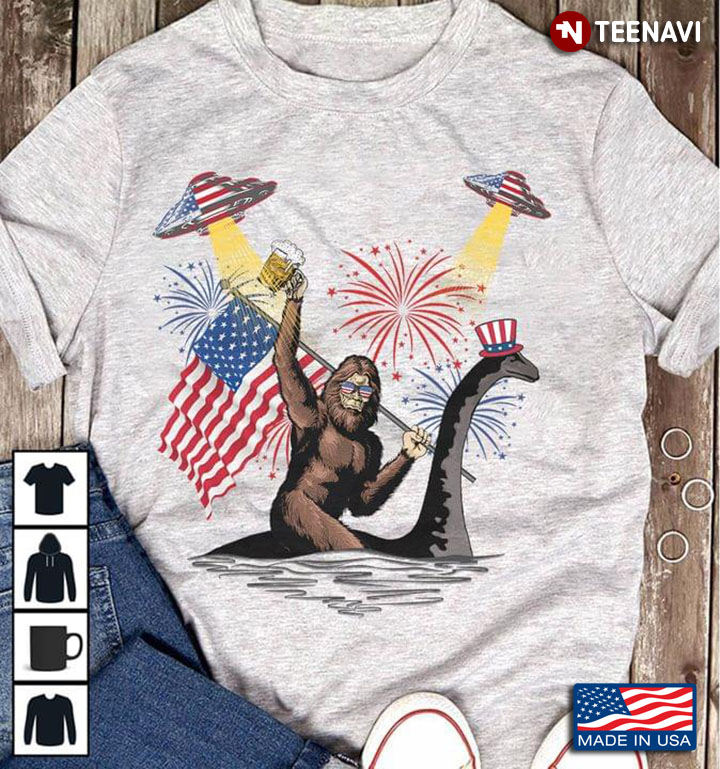 Funny Ufo Bigfoot And Loch Ness Monster American Flag Independence Day