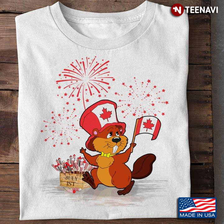 Cheerful Cartoon Beaver With A Flag of Canada Happy Canada Day