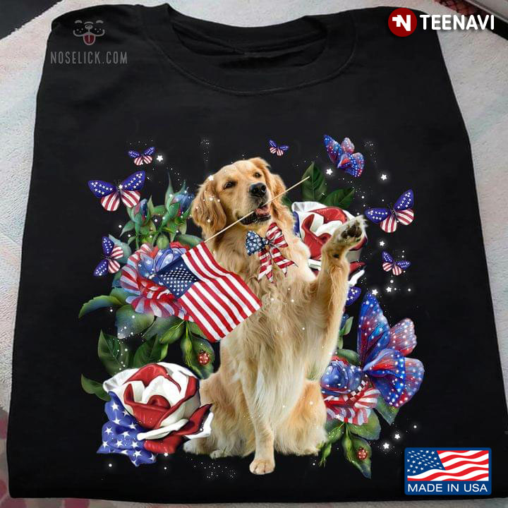 Golden Retriever And American Flag Happy Independence Day For 4th Of July
